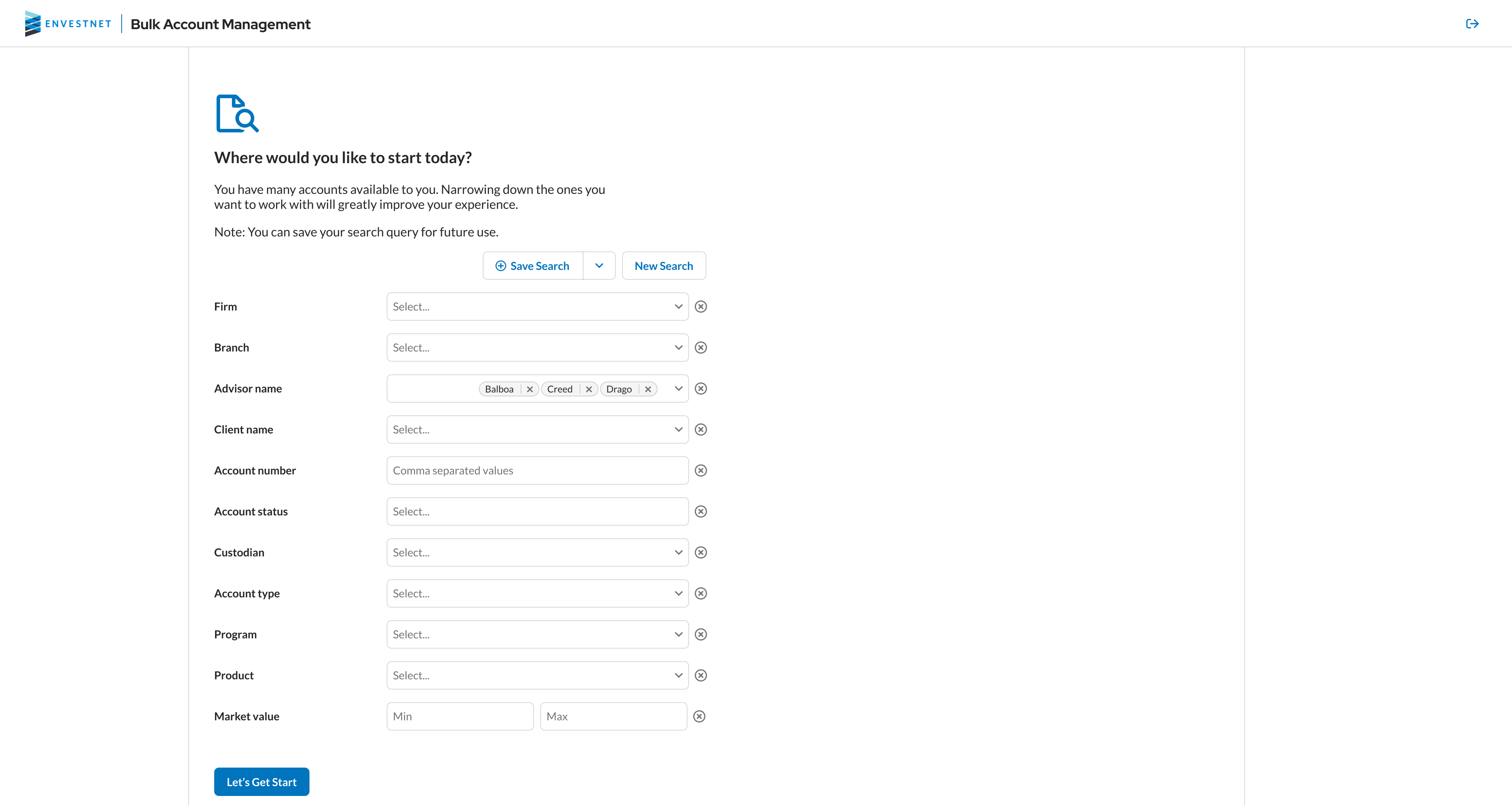 Account filter screen